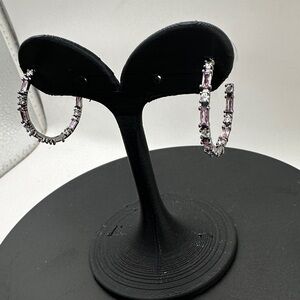 Rose Quartz Cubic Zirconia Hematite plating  Hoop Earrings. NWT